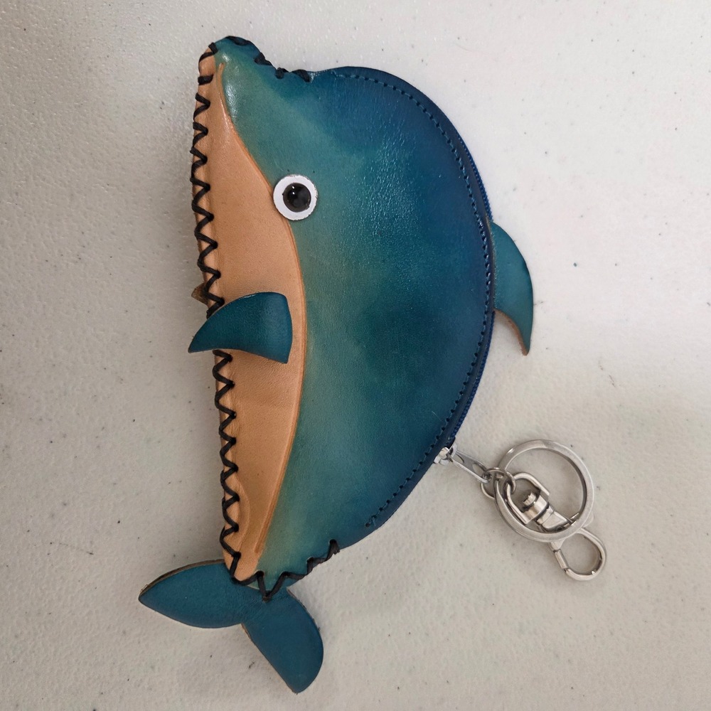 Leather Dolphin Whale Coin Purse Keychain Novelty Animal Pouch Hand-Stitched
